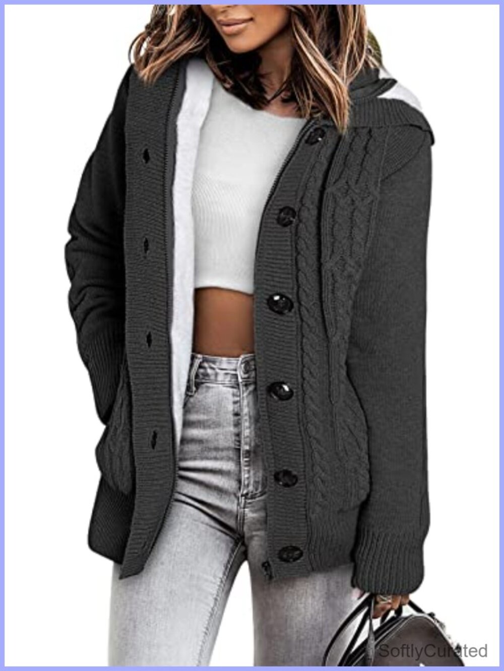 Hooded Fleece Lined Cardigan Sweater Full Zip Button Knit